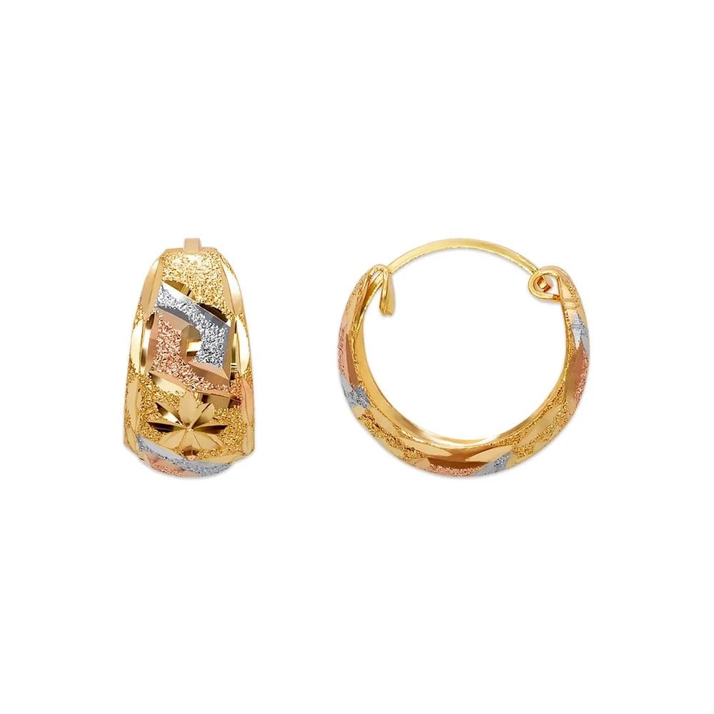 NEW 14K TRICOLOR GOLD D/C HUGGIE EARRINGS: NEW 14K TRICOLOR GOLD D/C HUGGIE EARRINGS D/C HUGGIE EARRINGS NEW 14K TRICOLOR GOLD Width: Approx. 8x15mm Apx WEIGHT: 2g