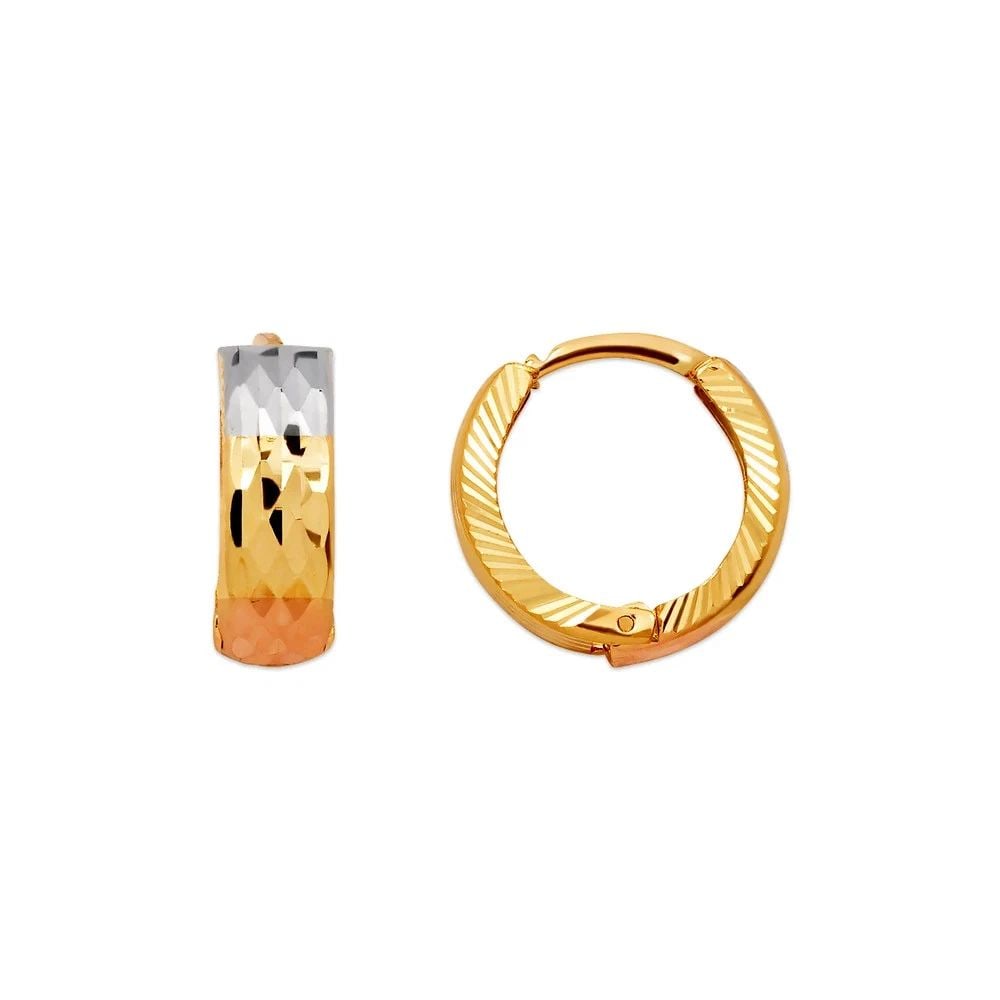 NEW 14K TRICOLOR GOLD D/C HUGGIE EARRINGS: NEW 14K TRICOLOR GOLD D/C HUGGIE EARRINGS D/C HUGGIE EARRINGS NEW 14K TRICOLOR GOLD Width: Approx. 5x15mm Apx WEIGHT: 2g