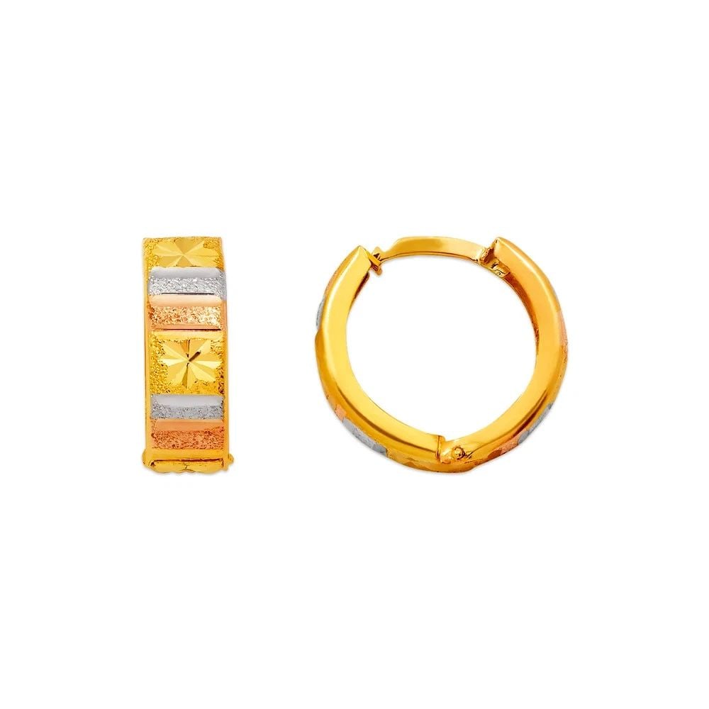 NEW 14K TRICOLOR GOLD D/C HUGGIE EARRINGS: NEW 14K TRICOLOR GOLD D/C HUGGIE EARRINGS D/C HUGGIE EARRINGS NEW 14K TRICOLOR GOLD Width: Approx. 5x15mm Apx WEIGHT: 2g
