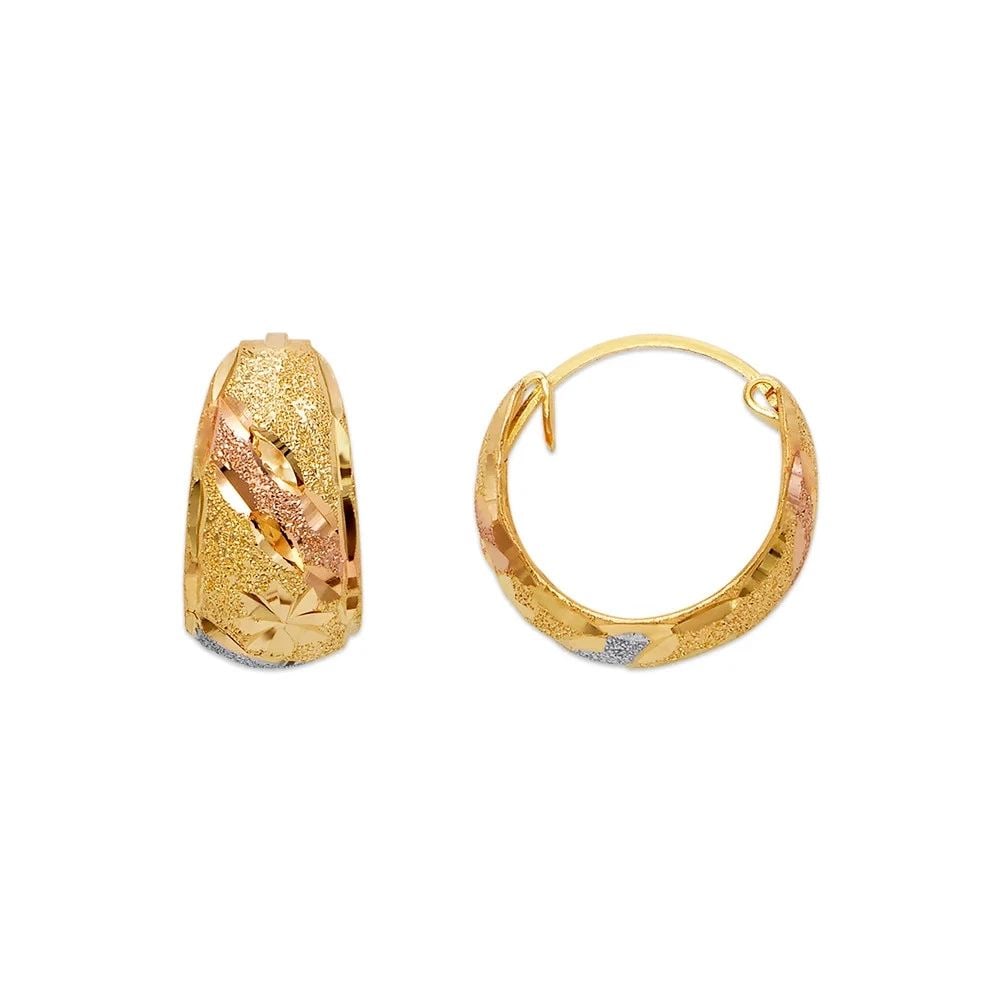 NEW 14K TRICOLOR GOLD D/C HUGGIE EARRINGS: NEW 14K TRICOLOR GOLD D/C HUGGIE EARRINGS D/C HUGGIE EARRINGS NEW 14K TRICOLOR GOLD Width: Approx. 8x15mm Apx WEIGHT: 2g