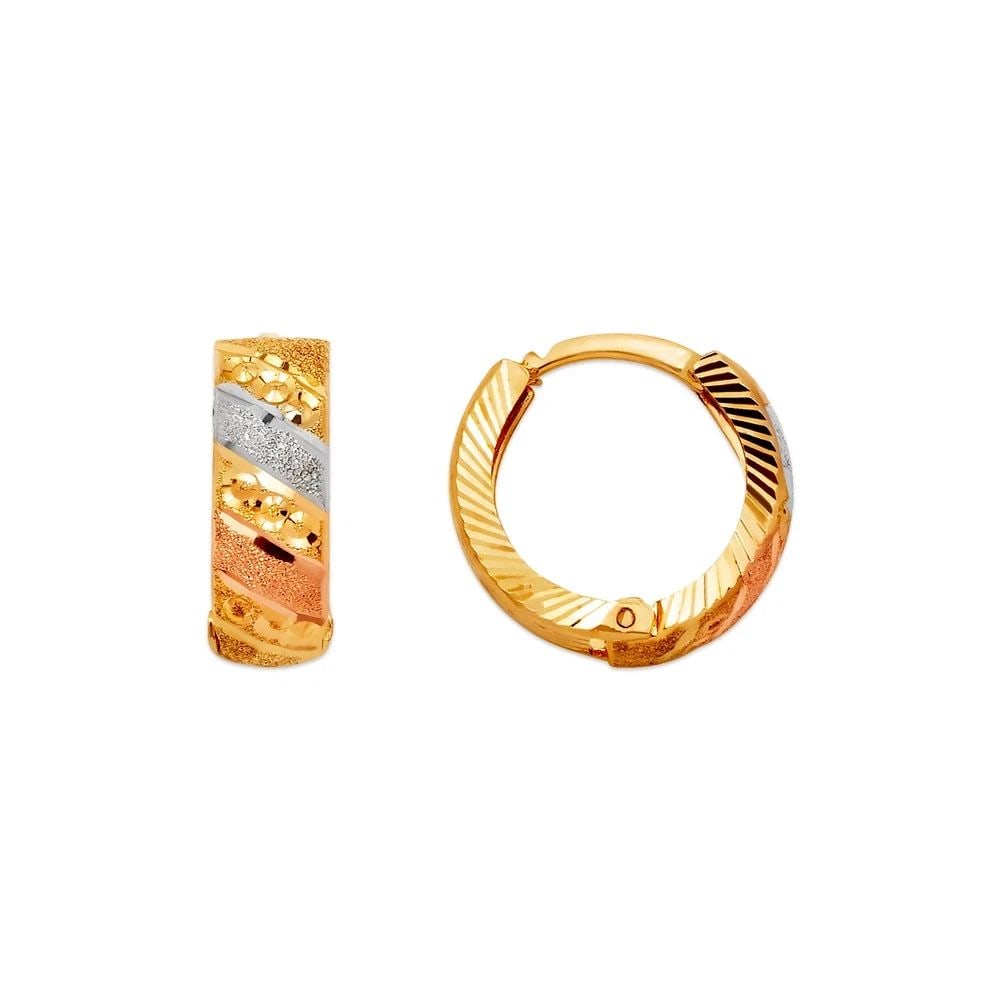 NEW 14K TRICOLOR GOLD D/C HUGGIE EARRINGS: NEW 14K TRICOLOR GOLD D/C HUGGIE EARRINGS D/C HUGGIE EARRINGS NEW 14K TRICOLOR GOLD Width: Approx. 5x15mm Apx WEIGHT: 2g