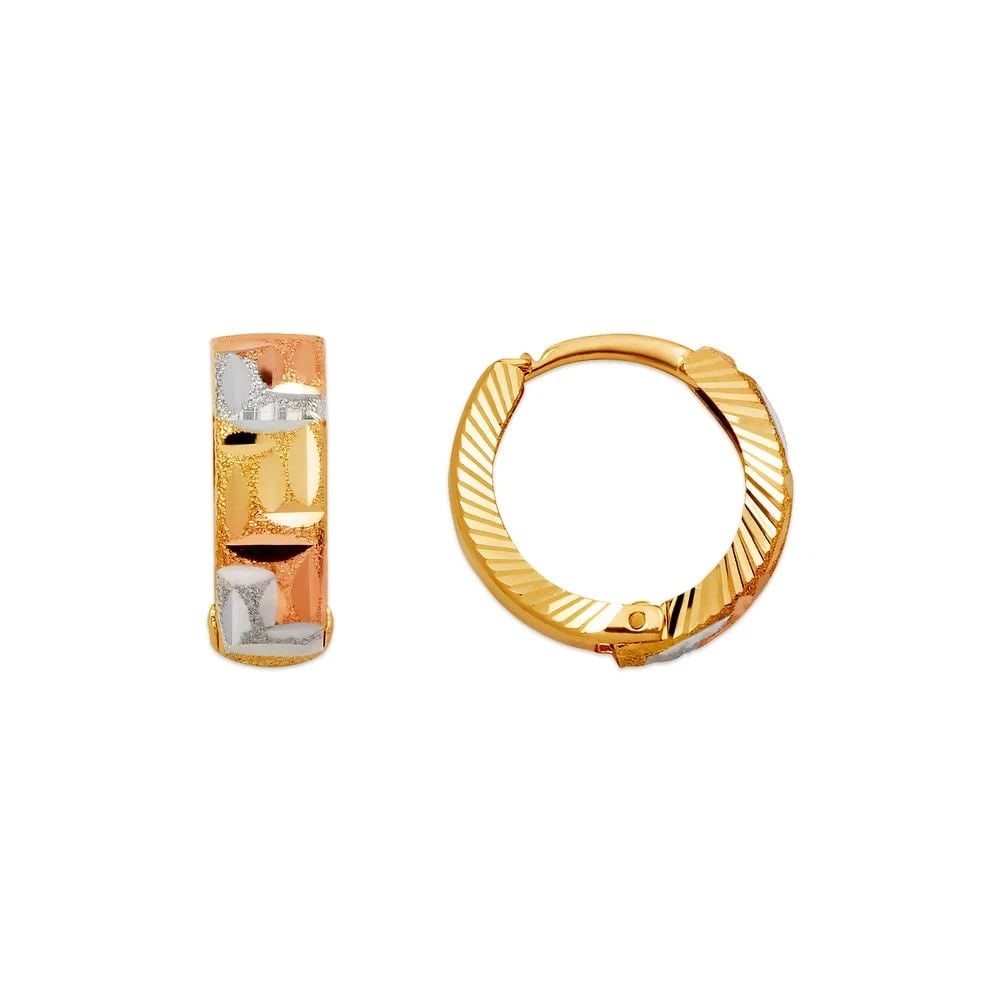 NEW 14K TRICOLOR GOLD D/C HUGGIE EARRINGS: NEW 14K TRICOLOR GOLD D/C HUGGIE EARRINGS D/C HUGGIE EARRINGS NEW 14K TRICOLOR GOLD Width: Approx. 5x15mm Apx WEIGHT: 2g