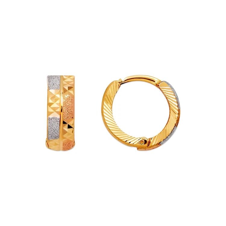 NEW 14K TRICOLOR GOLD D/C HUGGIE EARRINGS: NEW 14K TRICOLOR GOLD D/C HUGGIE EARRINGS D/C HUGGIE EARRINGS NEW 14K TRICOLOR GOLD Width: Approx. 5x15mm Apx WEIGHT: 2g