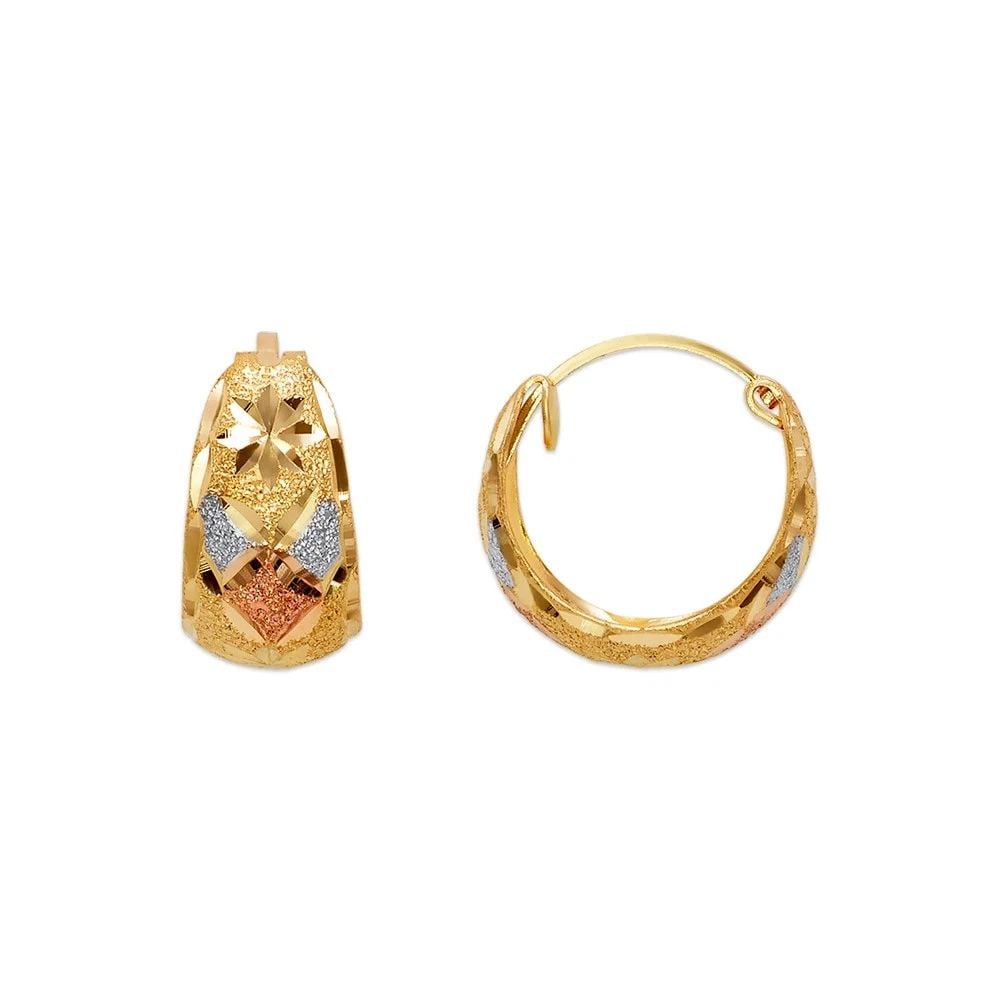 NEW 14K TRICOLOR GOLD D/C HUGGIE EARRINGS: NEW 14K TRICOLOR GOLD D/C HUGGIE EARRINGS D/C HUGGIE EARRINGS NEW 14K TRICOLOR GOLD Width: Approx. 8x15mm Apx WEIGHT: 2g