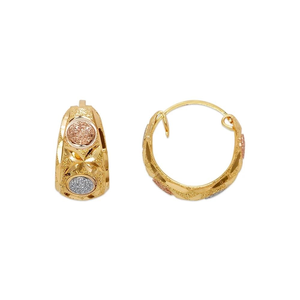NEW 14K TRICOLOR GOLD D/C HUGGIE EARRINGS: NEW 14K TRICOLOR GOLD D/C HUGGIE EARRINGS D/C HUGGIE EARRINGS NEW 14K TRICOLOR GOLD Width: Approx. 8x15mm Apx WEIGHT: 2g