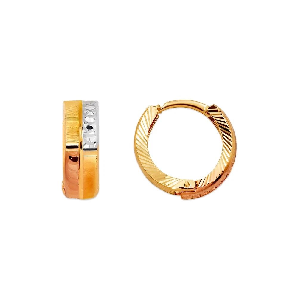 NEW 14K TRICOLOR GOLD D/C HUGGIE EARRINGS: NEW 14K TRICOLOR GOLD D/C HUGGIE EARRINGS D/C HUGGIE EARRINGS NEW 14K TRICOLOR GOLD Width: Approx. 5x15mm Apx WEIGHT: 2g
