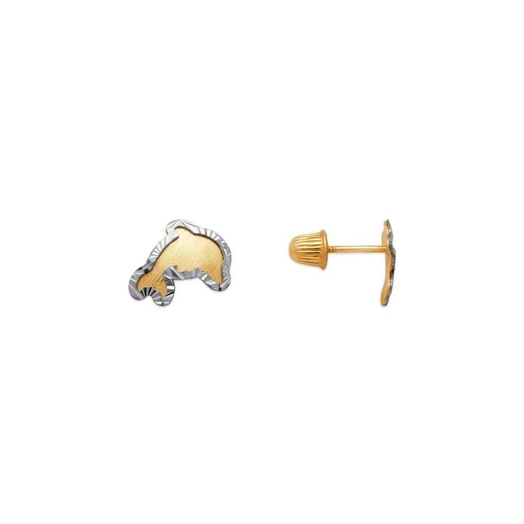 NEW 14K TWO TONE GOLD DIAMOND CUT DOLPHIN STUD EARRINGS (1 of 1)