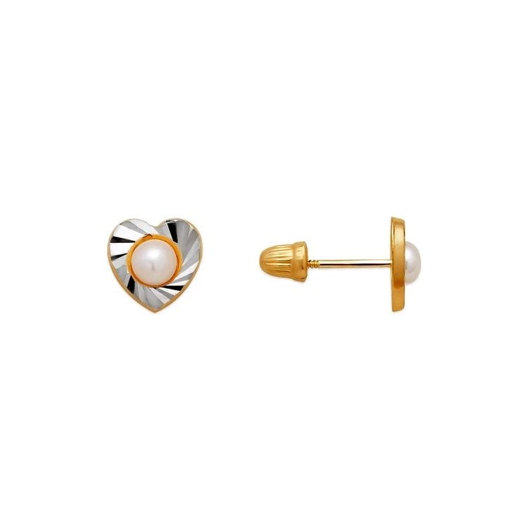 NEW 14K TWO TONE GOLD HEART AND PEARL STUD EARRINGS (1 of 1)