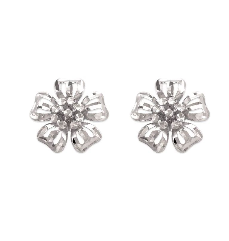 NEW 14K WHITE GOLD DIAMOND CUT FLOWER STUD EARRINGS (1 of 2)