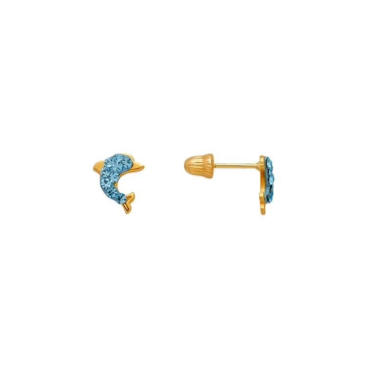 NEW 14K YELLOW GOLD BLUE DOLPHIN ENAMEL STUD EARRINGS (1 of 1)
