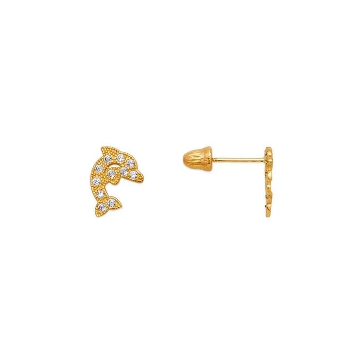 NEW 14K YELLOW GOLD DOLPHIN PAVE STUD EARRINGS (1 of 1)