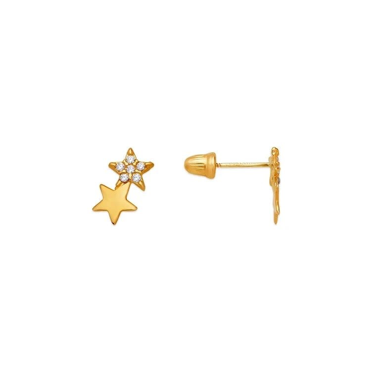NEW 14K YELLOW GOLD DOUBLE STAR PAVE STUD EARRINGS (1 of 1)