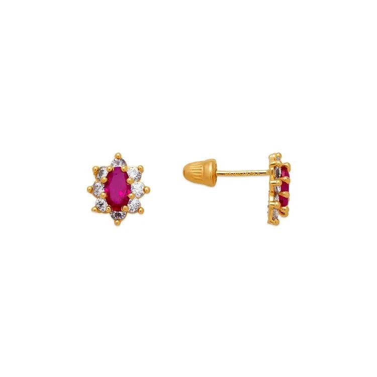 NEW 14K YELLOW GOLD RED FLOWER HALO STUD EARRINGS: NEW 14K YELLOW GOLD RED FLOWER HALO STUD EARRINGS RED FLOWER HALO STUD EARRINGS NEW 14K YELLOW GOLD Width: Approx. 6x8mm Apx WEIGHT: 2g