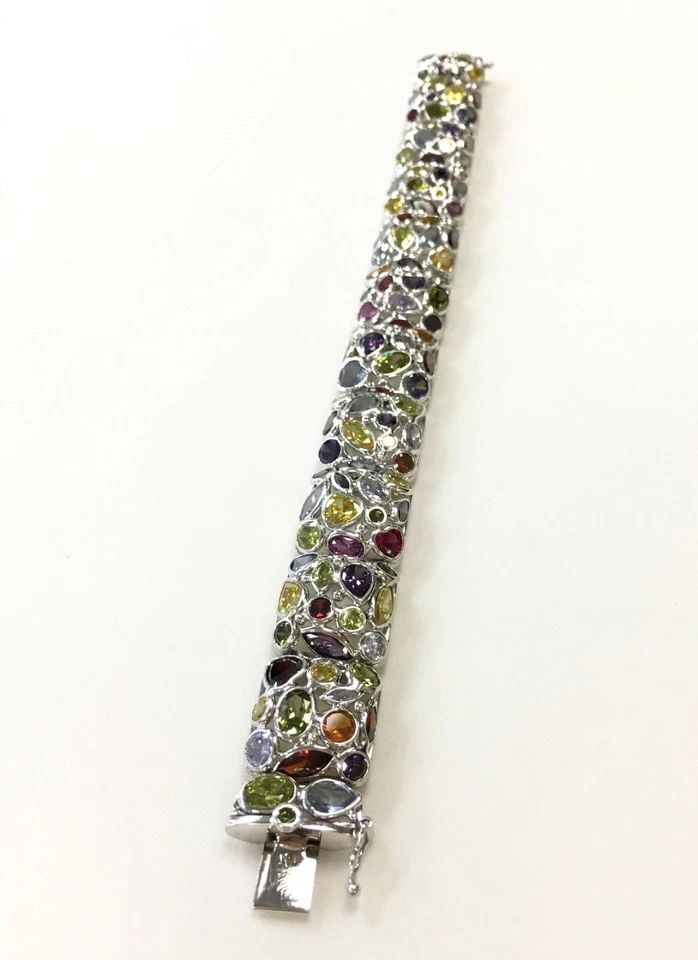 14K WHITE GOLD LINKED BRACELET, MULTIPLE NATURAL GEM STONES ( 7.5 INCH ) 47.1G: 14K WHITE GOLD LINKED BRACELET WITH MULTIPLE COLORED NATURAL GEM STONES 14k White Gold Linked Bracelet with Multiple colored natural Gem Stones You are bidding on a 14k White Gold Linked Bracelet with