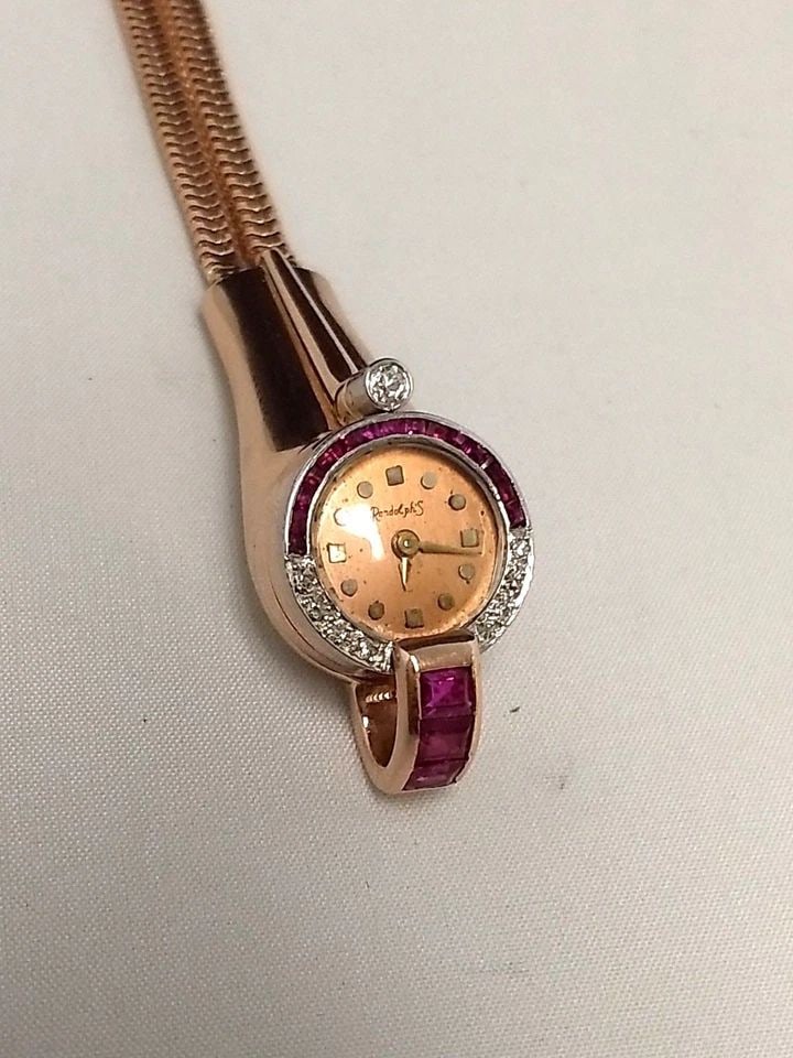 VINTAGE ART DECO 14K ROSE GOLD LADIES WATCH WITH RUBIES AND DIAMONDS 26.7 GRAMS (1 of 2)