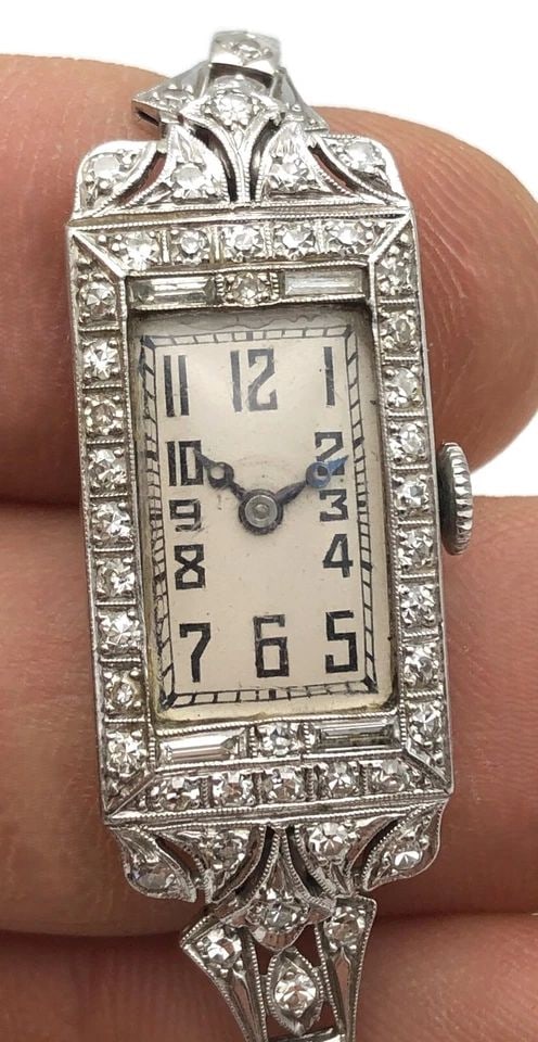 PLATINUM/12K WHITE GOLD VINTAGE LADY'S WATCH 2.00CTS OF NATURAL DIAMONDS, 17J (1 of 2)