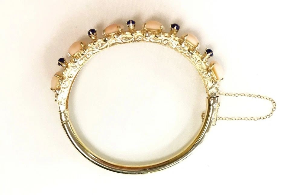 14K GOLD BANGLE BRACELET WITH CORAL AND BLUE LAPIS STONES (7 INCH) 20.7 GRAMS (1 of 2)