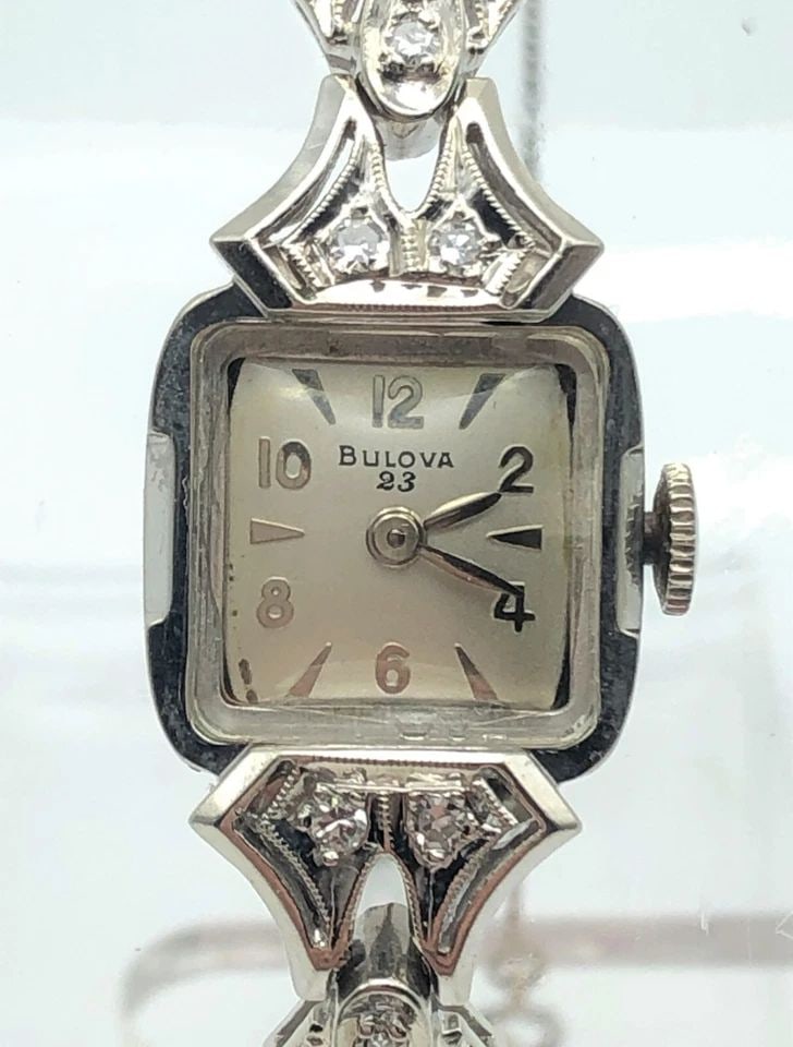 14K SOLID WHITE GOLD VINTAGE WOMAN'S BULOVA WATCH WITH DIAMONDS 23J MOVEMENT: 14K SOLID WHITE GOLD VINTAGE WOMAN'S BULOVA WATCH WITH DIAMONDS 23J MOVEMENT 14k White Gold Vintage Woman's Bulova Watch with Diamonds 23j movement You are bidding on a 14k White Gold Vintage Woman's 