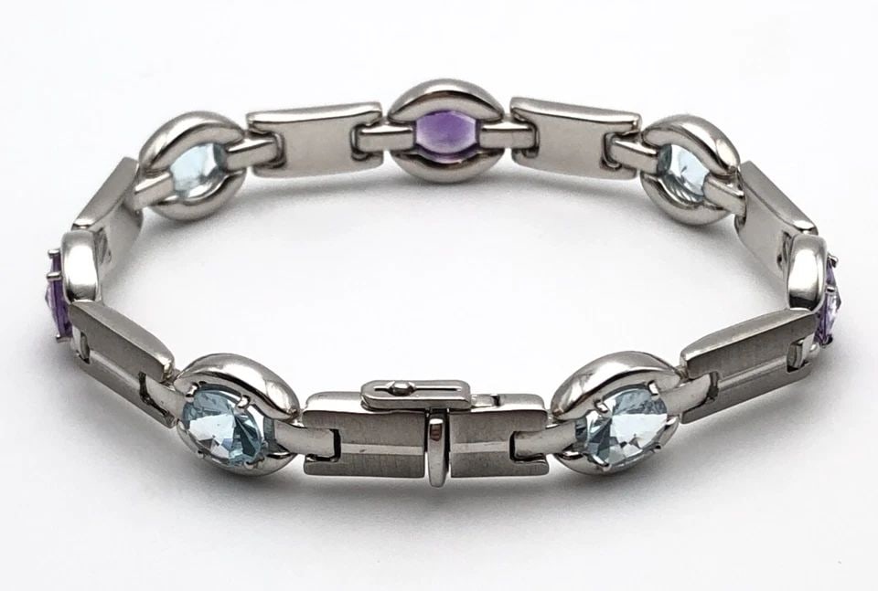 14K WHITE GOLD TNT LINK BRACELET WITH BLUE TOPAZ & AMETHYST (7.5 INCH) 17.1 GRAM (1 of 2)