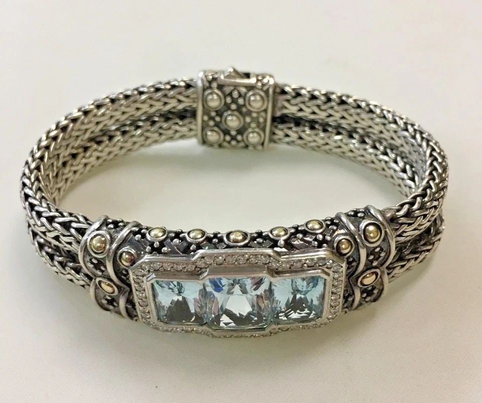 JOHN HARDY 925 SILVER BRACELET, 18K GOLD, BLUE TOPAZ, DIAMONDS (7 INCH) 60.6G (1 of 2)