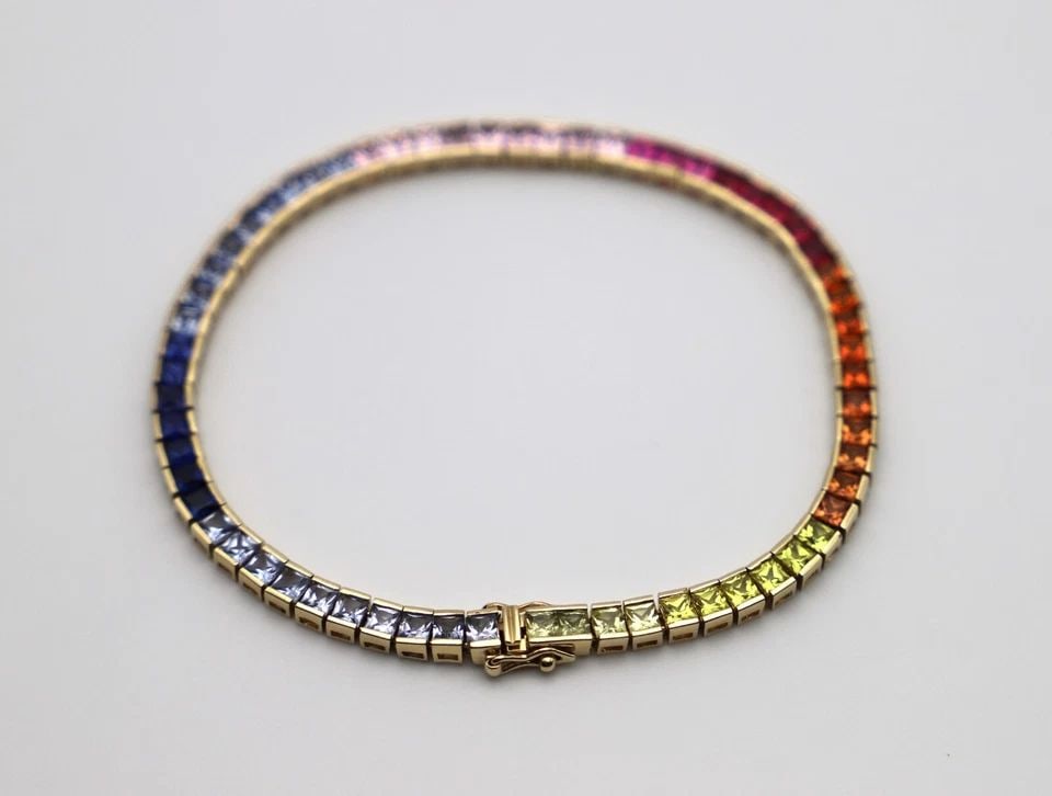 10K GOLD BRACELET, MULTI COLOR SYNTHETIC SAPPHIRE/RUBY RAINBOW ( 8 INCH ) 11.8G (1 of 2)