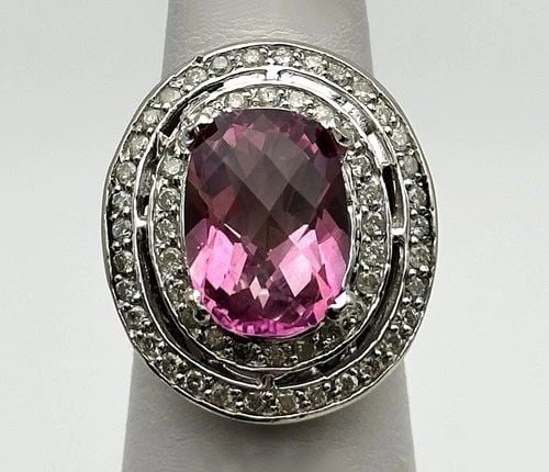 14K WHITE GOLD RING, 7.8CT PINK TOPAZ AND 0.97CTW DIAMONDS (SIZE: 6.5) 15 GRAM (1 of 2)