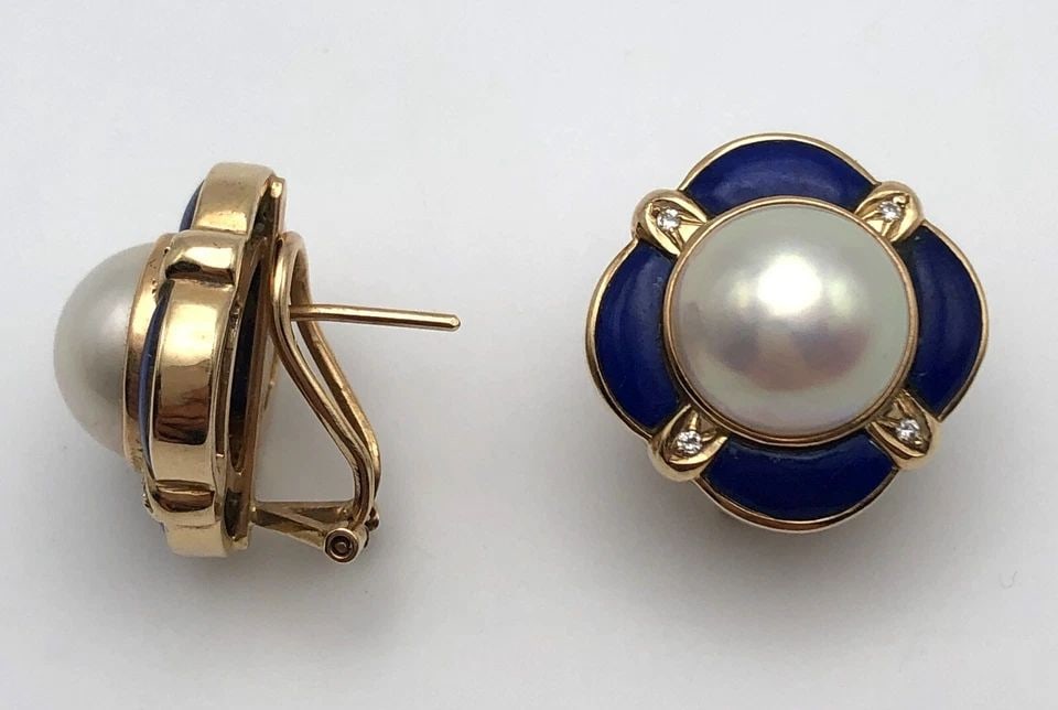 14K GOLD EARRINGS WITH MABE PEARL, BLUE LAPIS AND 0.12CTS DIAMONDS 13.5 GRAMS (1 of 2)