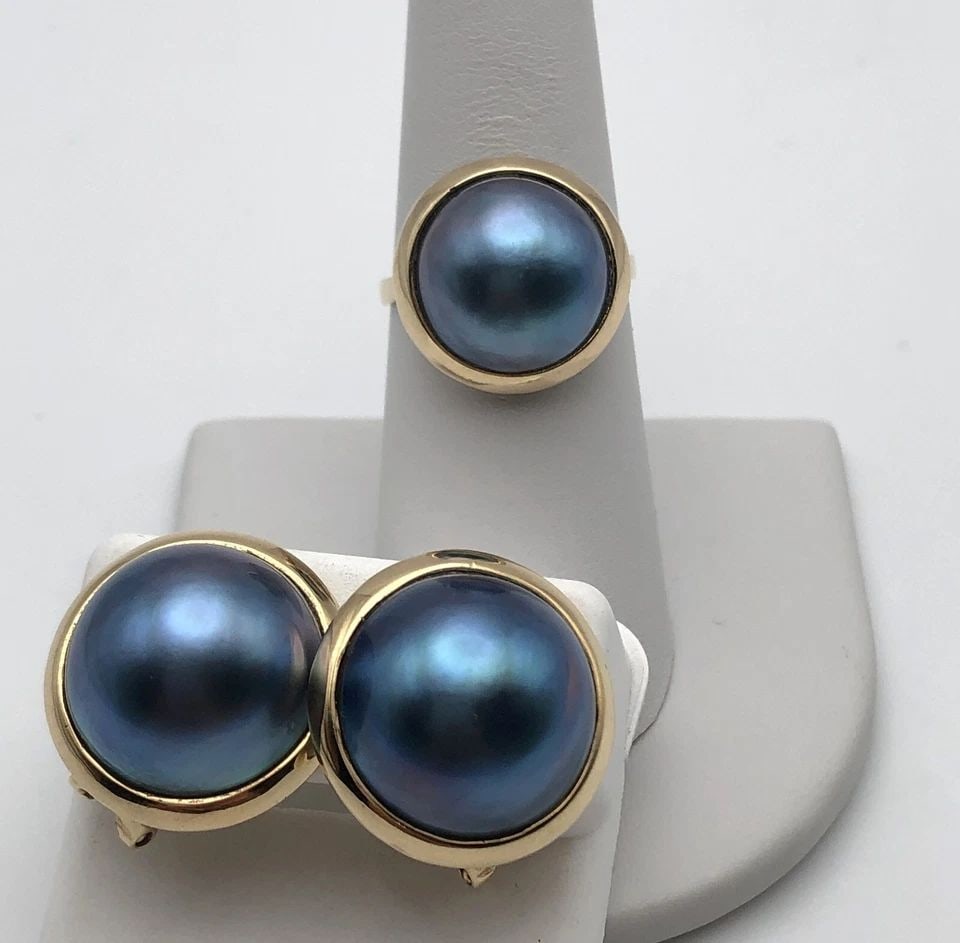 14K GOLD ROUND BLUE MABE PEARL EARRINGS AND RING SET ( SIZE: 7.25 ) 12.4G (1 of 2)