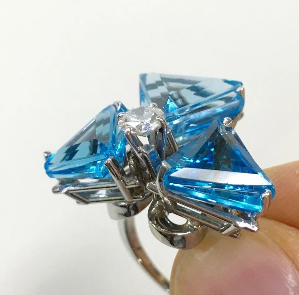 14K WHITE GOLD RING, BLUE TOPAZ 0.40CT, NATURAL DIAMOND ( SIZE: 9 ) 13.2G (1 of 2)