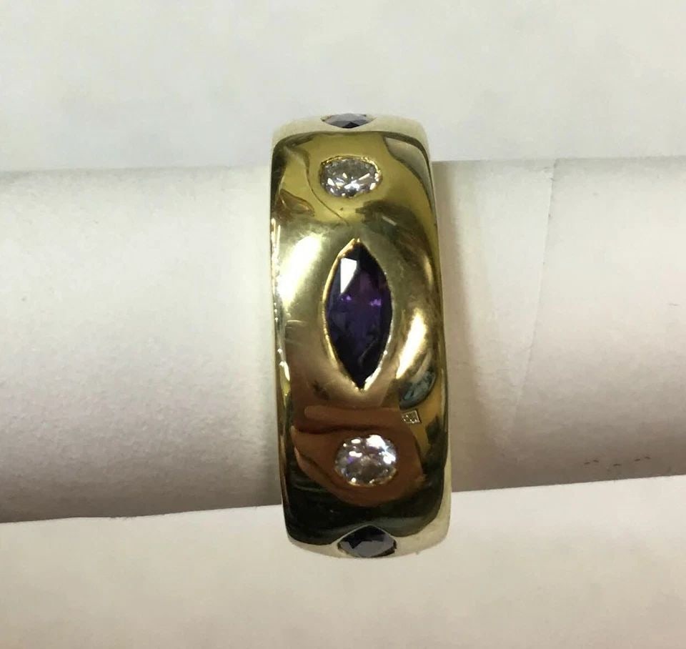 18K YELLOW GOLD RING, 0.50CTW NATURAL DIAMONDS, AMETHYSTS (SIZE 4.75 ) 9.5 GRAM (1 of 2)