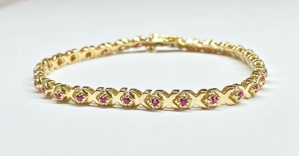 14K YELLOW GOLD LINK BRACELET WITH THIRTY NATURAL RUBIES ( 7 INCH ) 8.8G (1 of 2)