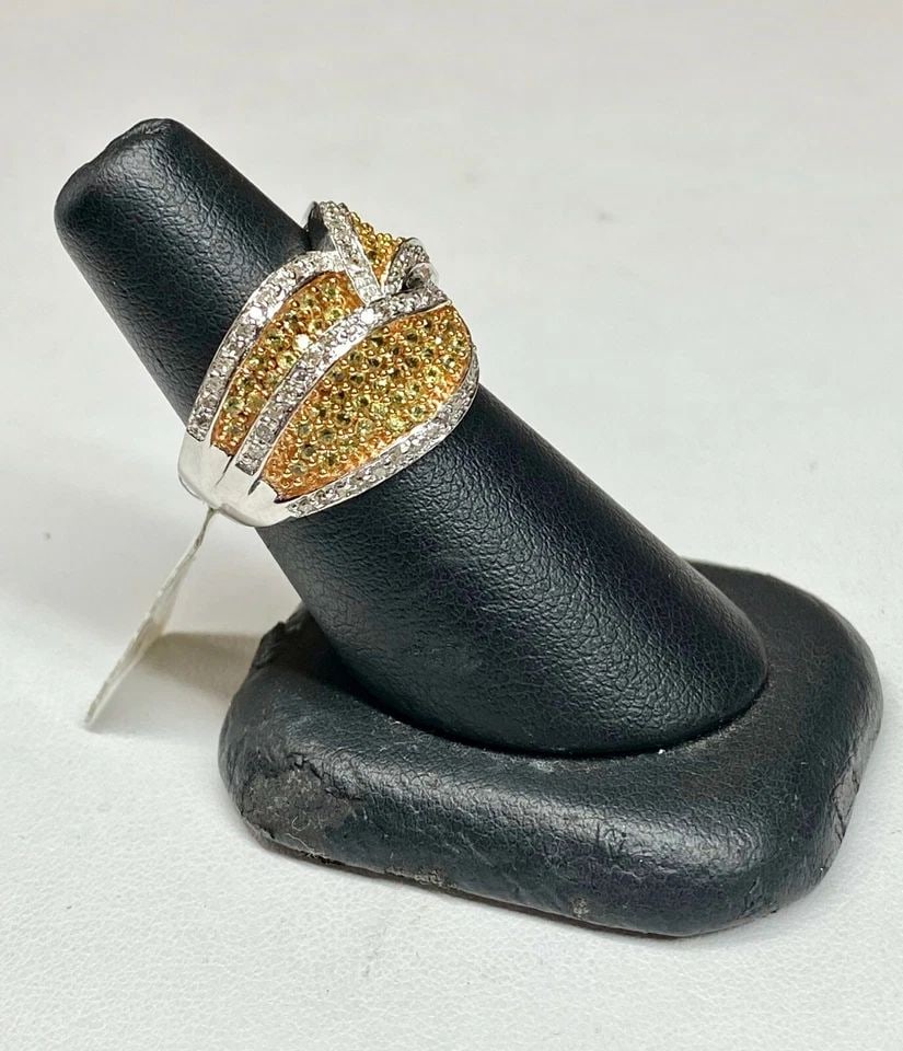 14K WHITE GOLD RING WITH NATURAL YELLOW SAPPHIRES AND DIAMONDS 9 GRAMS, SIZE 6.5 (1 of 2)