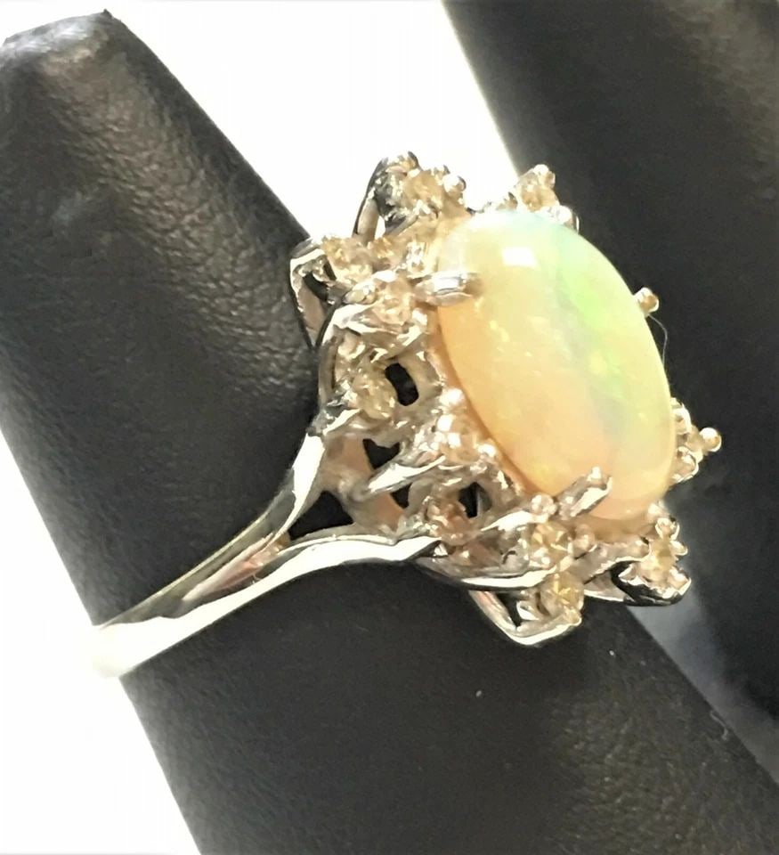 14K WHITE GOLD RING WITH NATURAL OPAL AND 0.35CTW DIAMONDS ( SIZE: 5.75 ) (1 of 2)