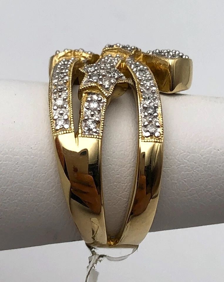 14K GOLD CROSSING HEART AND STAR RING WITH 0.40CTS NATURAL DIAMONDS 8.7 GRAMS (1 of 2)