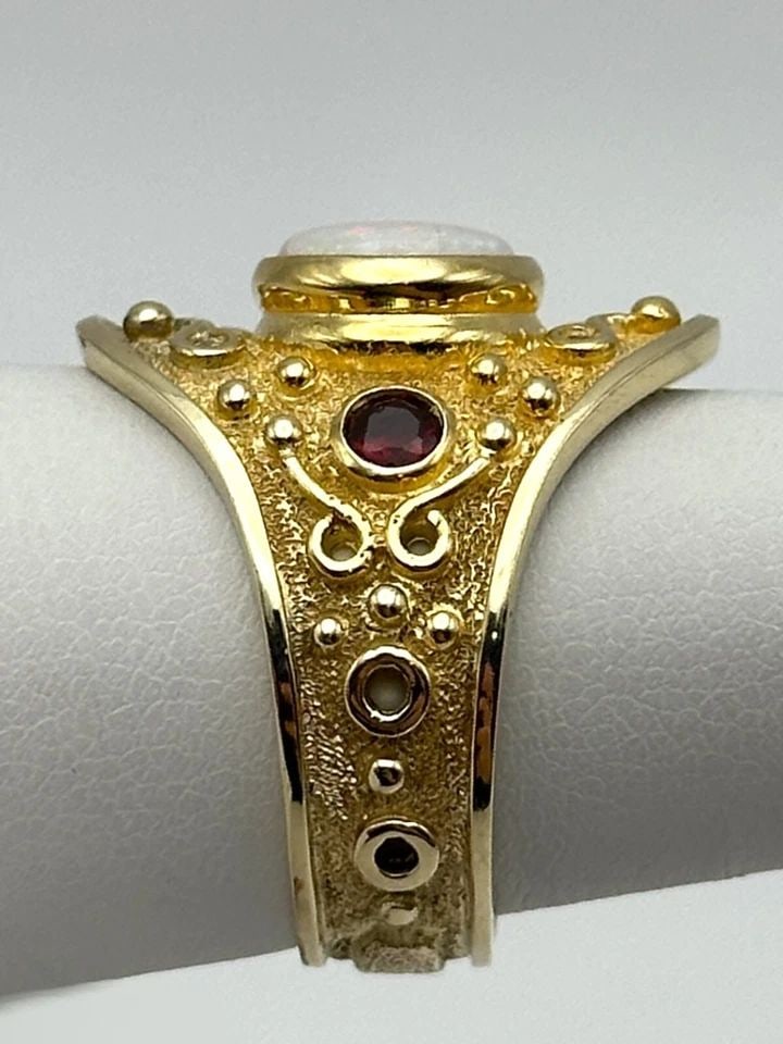 14K ARTSY GOLD RING WITH NATURAL OPAL, GARNETS AND 0.04CTS OF DIAMONDS SIZE: 8 (1 of 2)