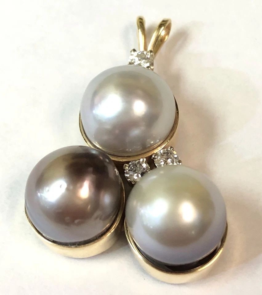 14K YELLOW GOLD HANDMADE PENDANT WITH 10MM PEARLS AND 0.30CTS DIAMONDS 9.3 GRAMS (1 of 2)