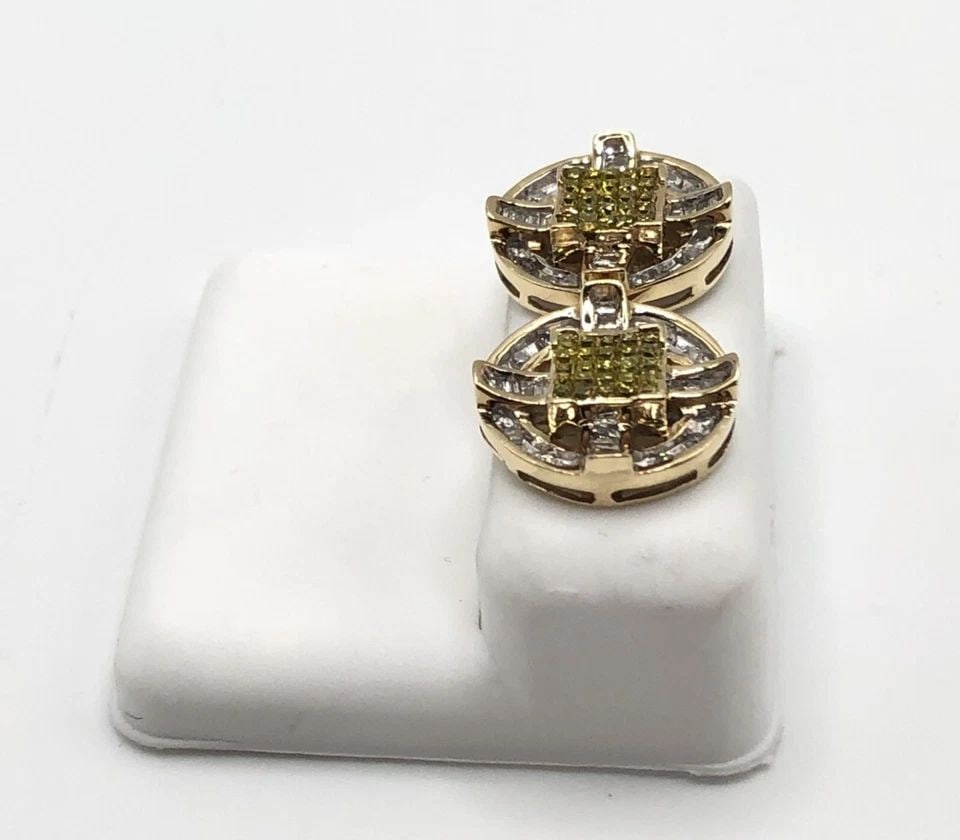 14K ROUND FANCY EARRINGS WITH 1CTW WHITE & YELLOW NATURAL DIAMONDS 5.6 GRAMS (1 of 2)