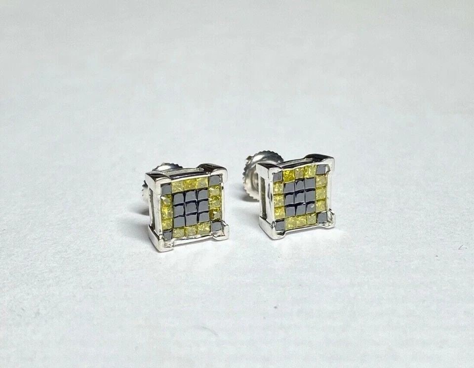 14K WHITE GOLD SQUARE EARRINGS WITH 1.20CTS OF BLACK & YELLOW DIAMONDS 3G: 14K WHITE GOLD SQUARE EARRINGS WITH 1.20CTS BLACK AND CANARY YELLOW DIAMONDS 14k White Gold Earrings with 1.20CTS Black and Canary Yellow Diamonds You are bidding on a pre-owned 14k White Gold Earring