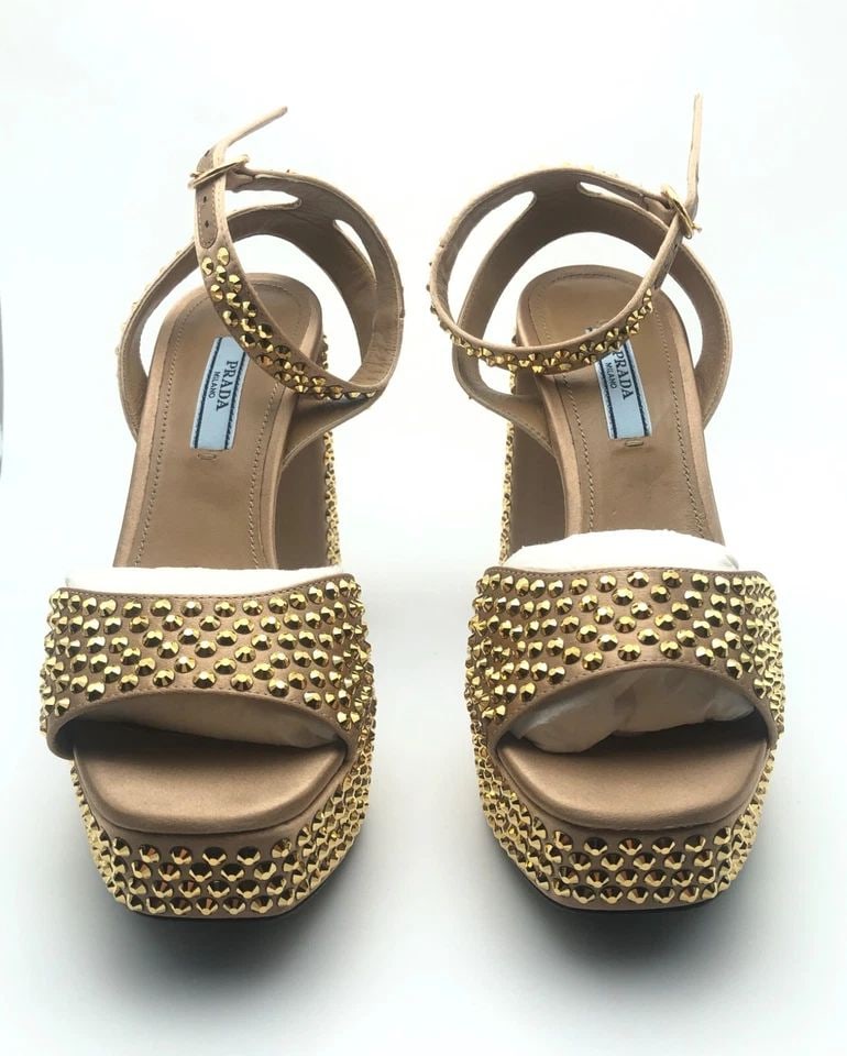 PRADA 115 CRYSTAL-EMBELLISHED SATIN PLATFORM SANDALS (SIZE: 35.5): PRADA 115 crystal-embellished satin platform sandals You are bidding on a PRADA 115 crystal-embellished satin platform sandals. The shoes have been fully checked and inspected by our in house workers.