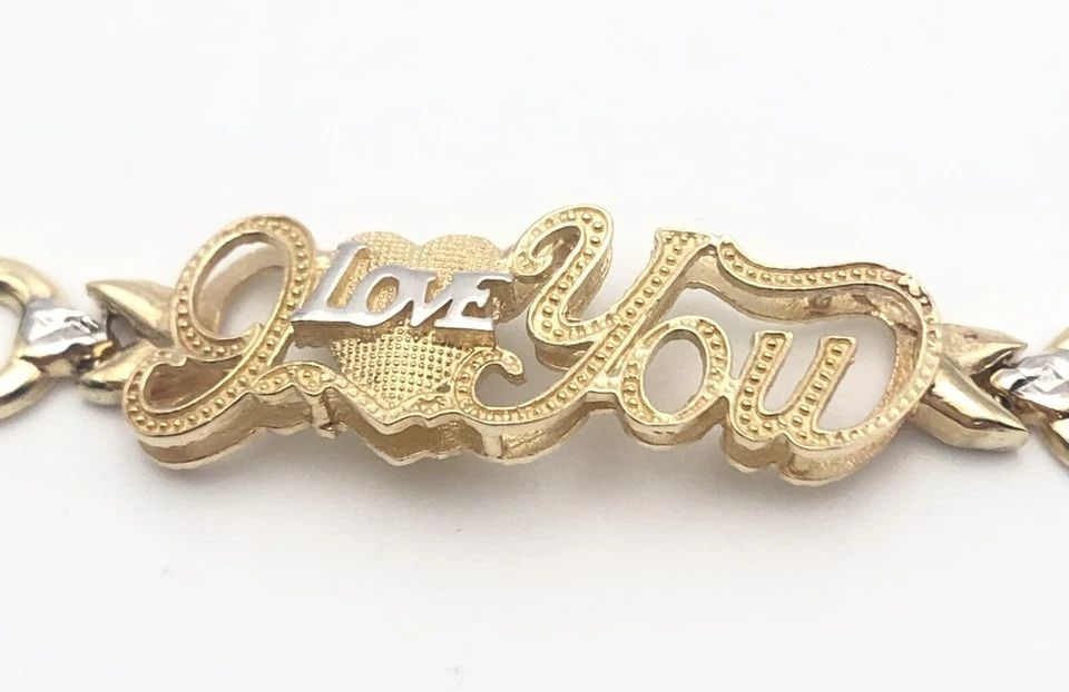 10K GOLD "I LOVE YOU" BRACELET WITH TEDDY BEAR LINKS ( 7.5 INCH ) 7.5 GRAMS (1 of 2)