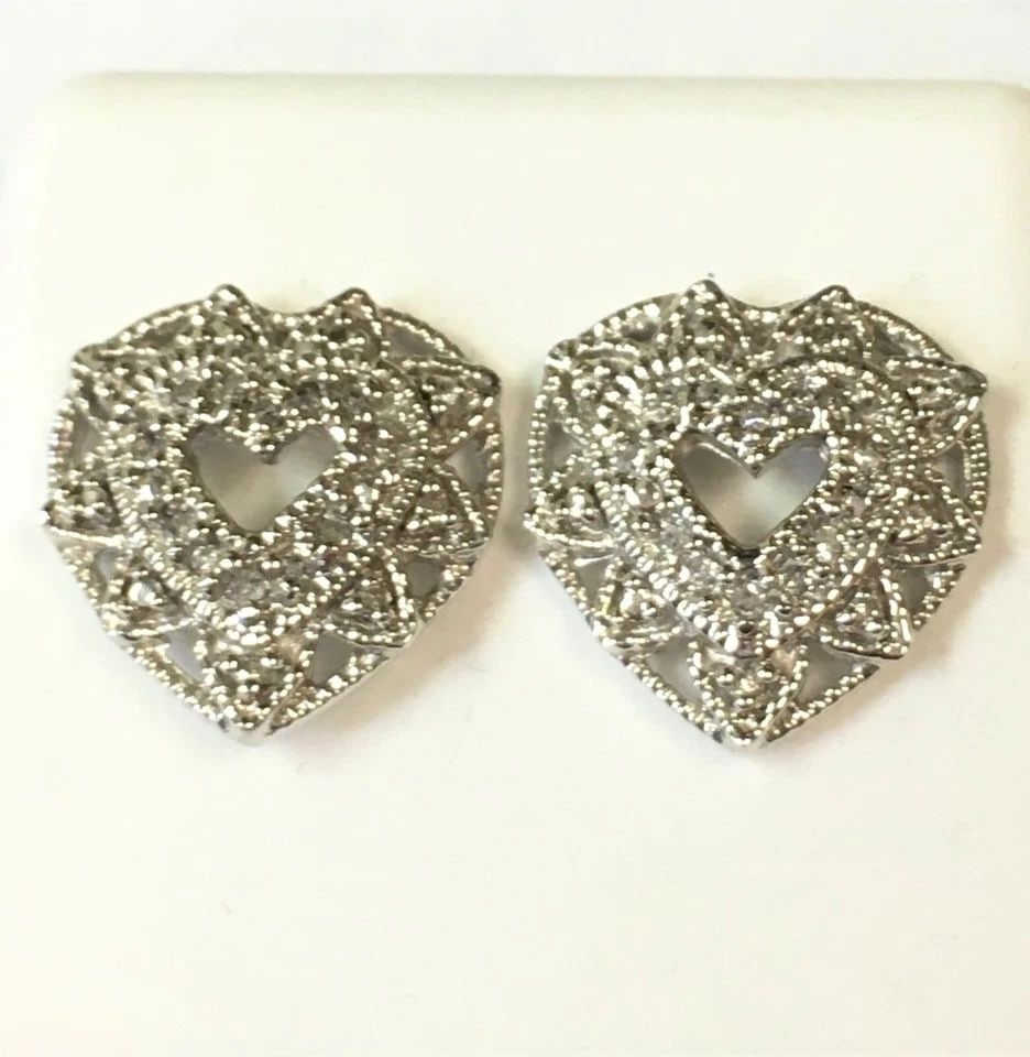 14K WHITE GOLD HEART EARRINGS WITH 0.12CTS OF DIAMONDS 5.3G (1 of 2)