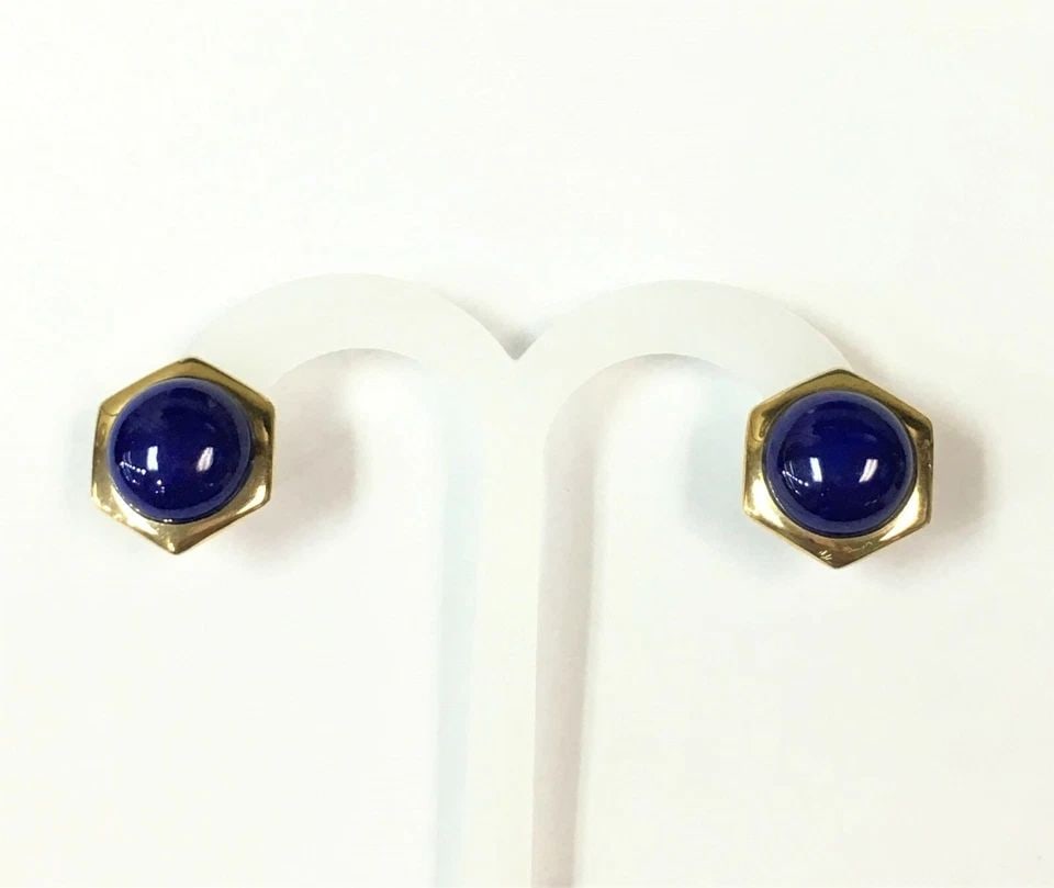 14K YELLOW GOLD PUSH BACK OCTAGON SHAPE EARRINGS WITH NATURAL BLUE LAPIS 5.7G (1 of 2)