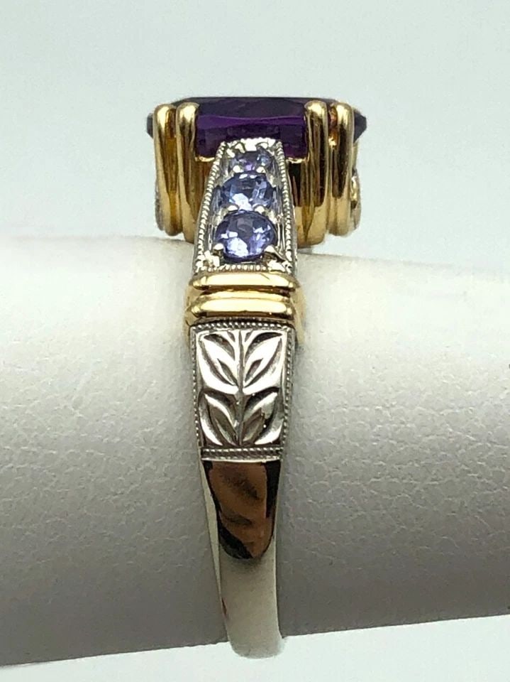 14K WHITE GOLD RING WITH YELLOW ACCENTS, AMETHYST, DIAMONDS (SIZE 7) 4.7 GRAM (1 of 2)