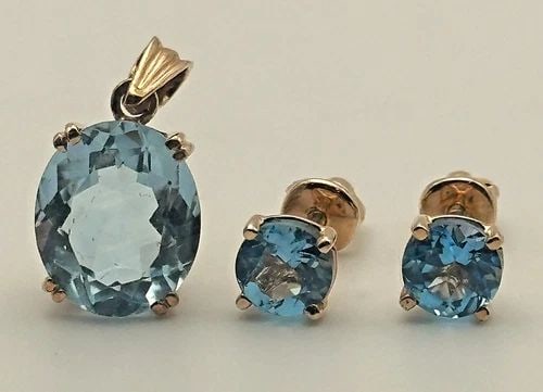 14K ROSE GOLD EARRINGS AND PENDANT WITH 8CTW BLUE TOPAZ (SET) 4.5 GRAMS (1 of 2)
