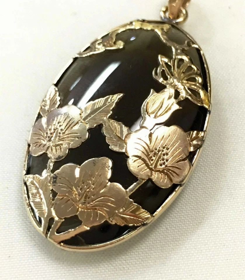ANTIQUE PENDANT 14K YELLOW GOLD FLORAL FRAME WITH SMOKEY QUARTZ 4.6 GRAMS (1 of 2)