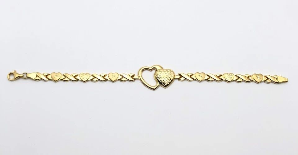 10K GOLD HEART LINKED BRACELET WITH DOUBLE HEART PIECE (7.5 INCH) 5.7 GRAMS (1 of 2)