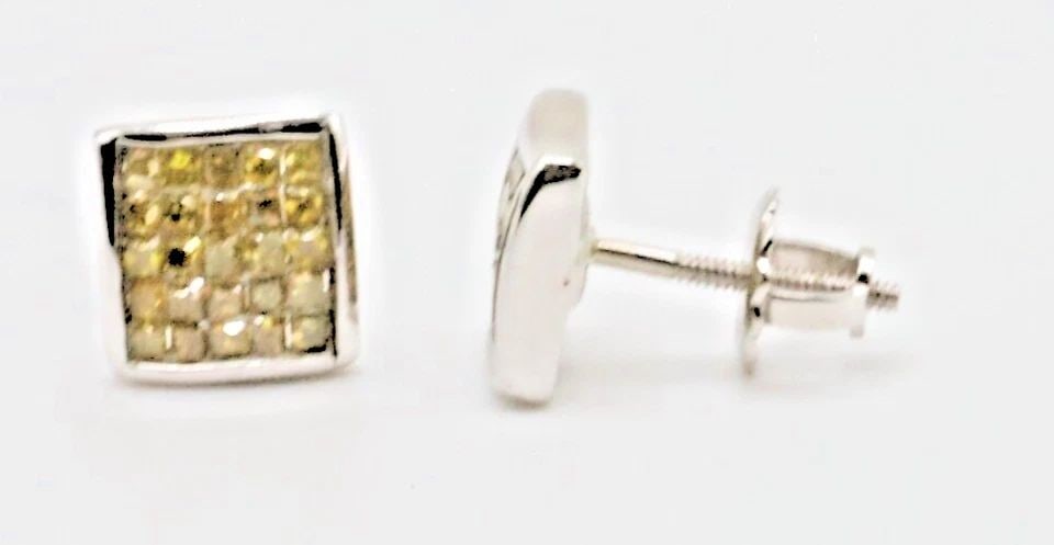14K WHITE GOLD SQUARE EARRINGS, SCREW BACKS, 0.80CTW YELLOW DIAMONDS, 2.4 GRAM: 14k White Gold Square Earrings with Screw Backs and 0.80cts of Yellow Diamonds You are bidding on a 14k White Gold Square Earrings with Screw Backs and 0.80cts Yellow Diamonds. The piece has been full