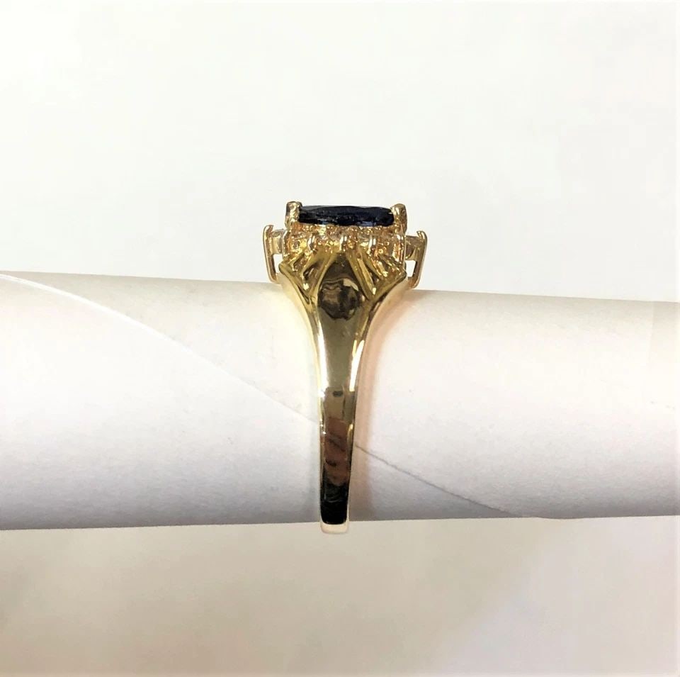 14K GOLD RING, LAB-CREATED SAPPHIRE, 0.12CTW NATURAL DIAMONDS (SIZE 6) 4.1 GRAMS (1 of 2)