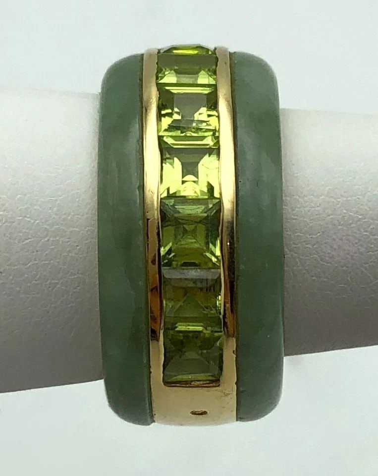 14K YELLOW GOLD JADE BAND WITH PERIDOT (SIZE 7.75) 7.4G (1 of 2)