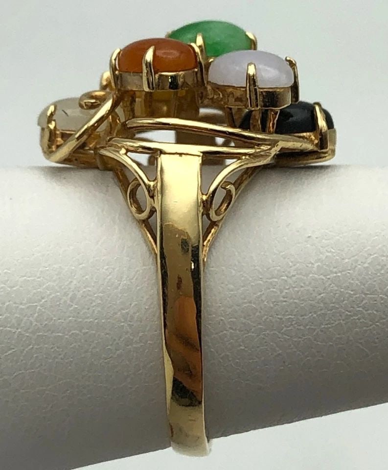 14K GOLD RING WITH MULTI COLORED JADES STONES (SIZE: 7.25) 4.1 GRAMS (1 of 2)